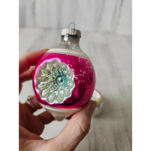 Radko shiny Brite double pink indent teardrop flocked Mercury glass ornament set - Picture 2 of 16